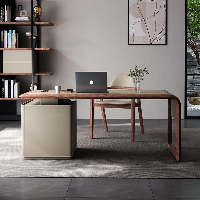 

YY- saddle leather desk minimalist with sub-cabinet computer solid wood desk chair combination