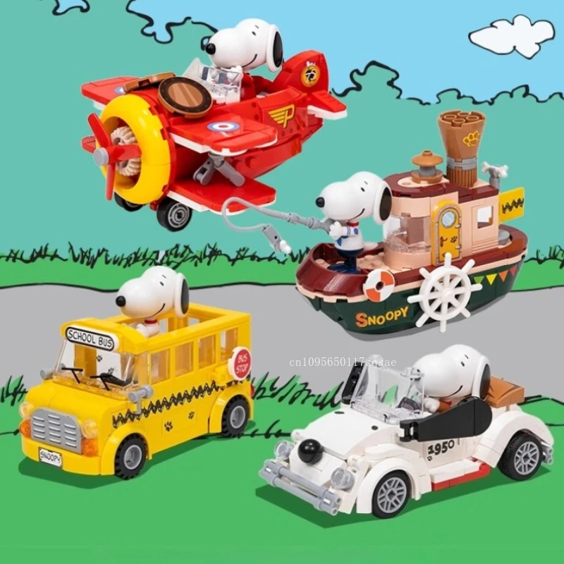Snoopy blocos de construção onde ir série co quebra-cabeça brinquedo de construção ornamento de mesa montagem de partículas presente de aniversário das crianças