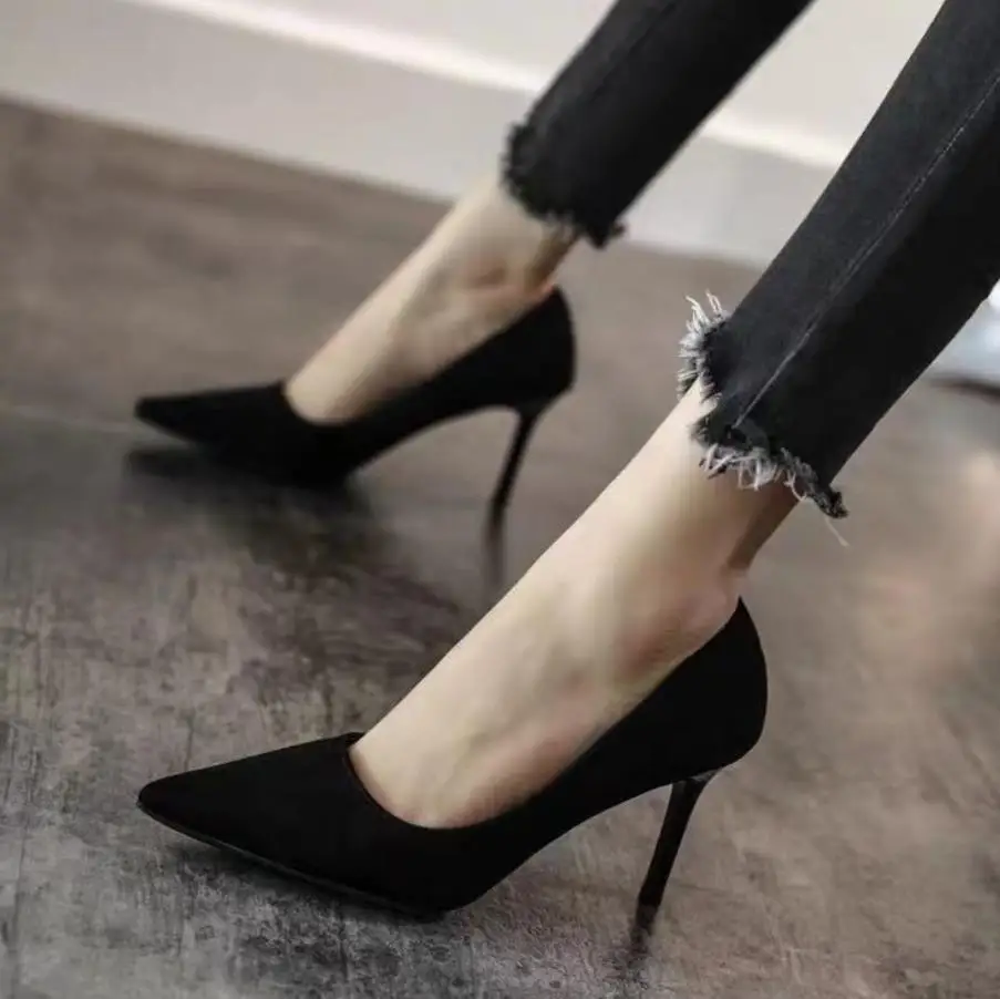 Nova camurça sapatos de salto alto mulher stiletto bomba única profissional ol trabalho sapatos preto dedo apontado sexy festa preto sapato de casamento