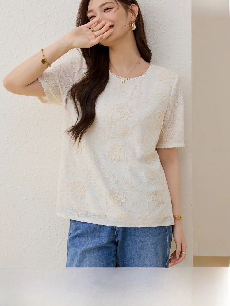 

Элегантная модная текстурированная футболка больших размеров для женщин, весенняя новинка, универсальный топ с коротким рукавом и круглым вырезом