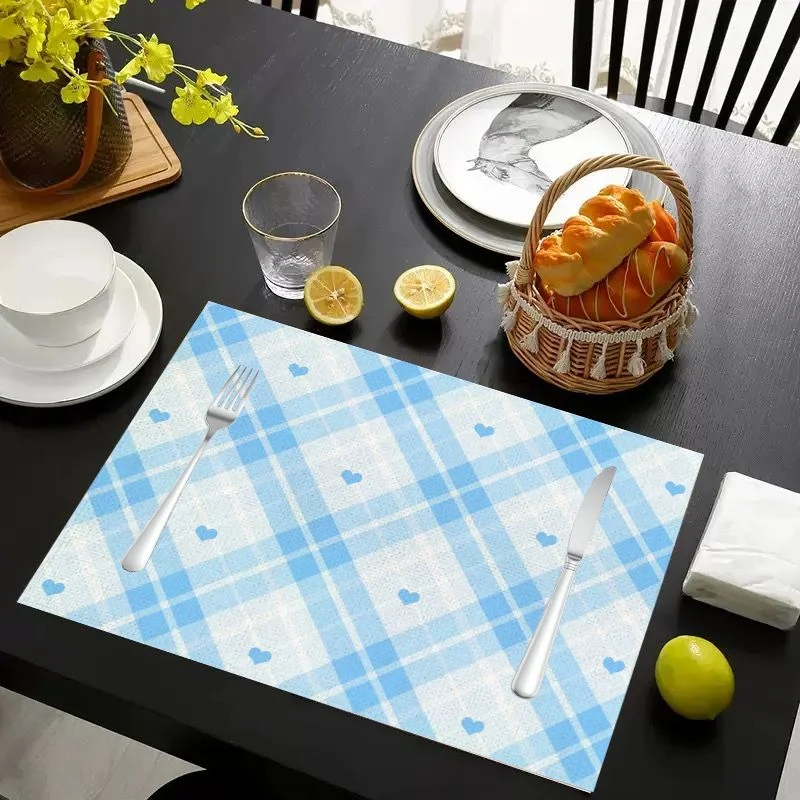 VIKAMA Christmas Placemat Green Pink Star Plaid, Waterproof Oil-Proof Heat-Resistant Dining Table Mat for Holiday Home