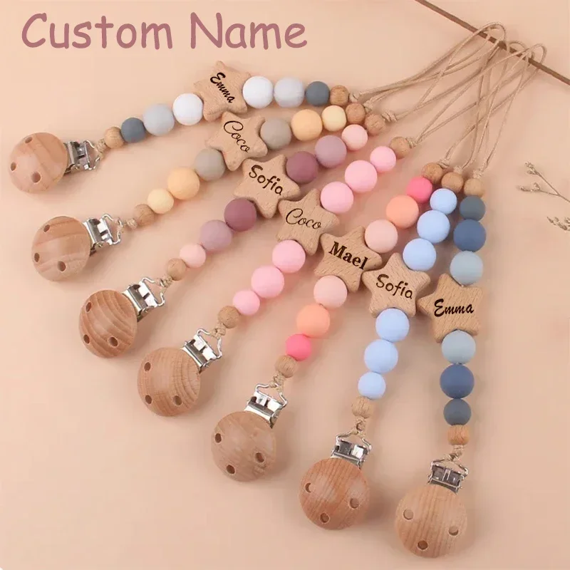 

Custom Name Wooden Personalized Baby Pacifier Chain Silicone Bead Dummy Nipple Holder Guard Teether Pendant Newborn Gift Stuff