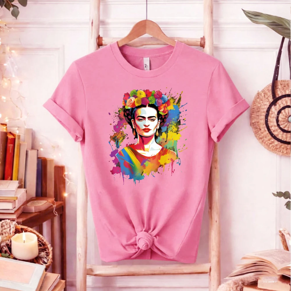 Camiseta Frida Kahlo para Mulheres com Estampa Colorida de Arte Splash, Design Vintage de Artista Mexicana, Manga Curta, Algodão, Estilo Boho