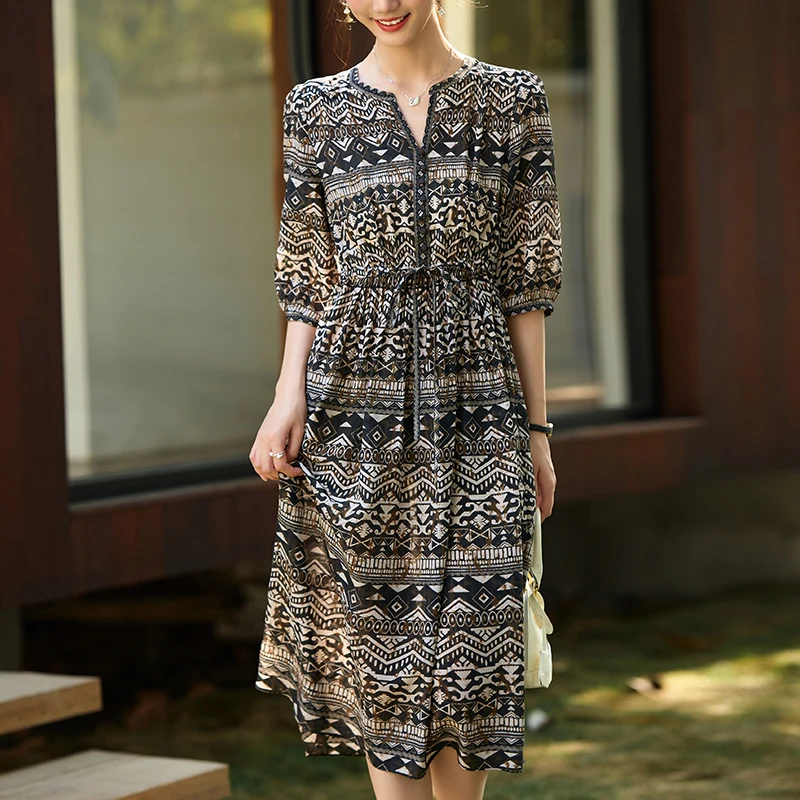New Summer Dresses for Women 2026 Elegant Fashion V-neck Women's Vintage Print Dress 100% Real Silk Casual Woman Long Dress