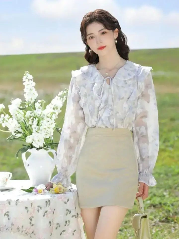 Korea Ruffles V-neck Blouses Women Long Sleeve Floral Lace-up Fairy Holiday Tender Temperament Ladies Spring Leisure