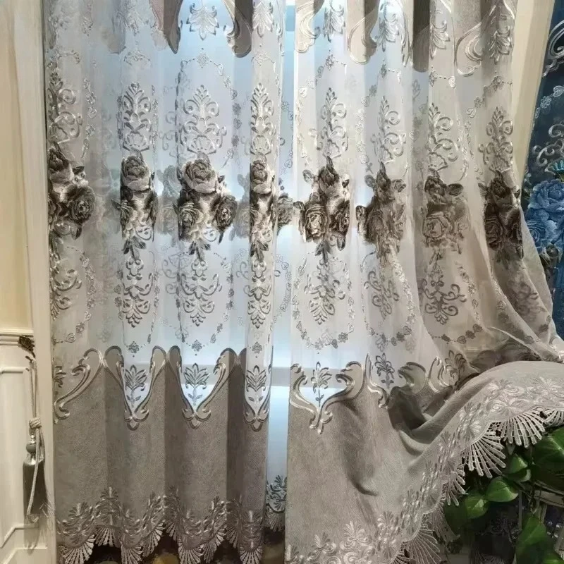 

Custom Size Fashion Luxury European Embroidered Curtains for Living Room Bedroom Blue Gray Chenille Curtain Decoration