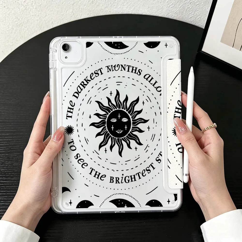Cartoon Sun Moon Pattern For iPad Mini Pro Air 5 6 7 8 9 10th 11th 11 9.7 10.9 13 inch Transparent Y-Shaped Folding Tablet Case