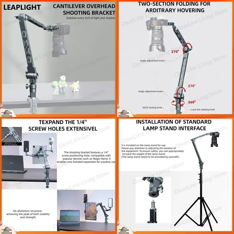 for LEAPLIGHT Aluminum Magic Arm Overhead Cantilever Stand Articulating Arm with 1/4 Inch C Clamp Desktop Camera Mount for
