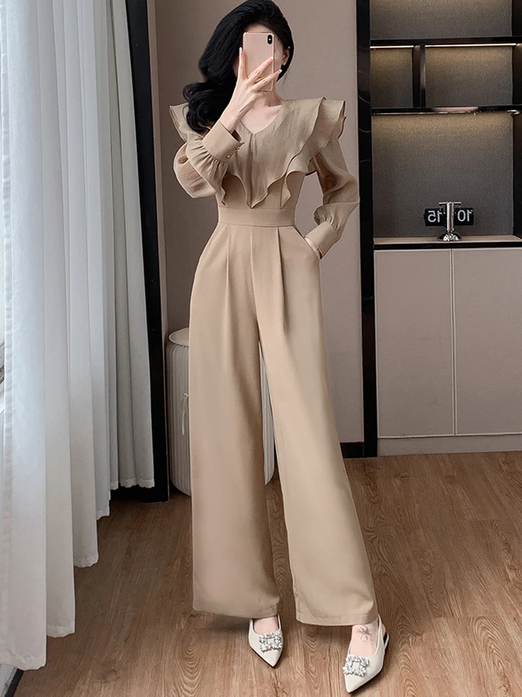 

High-Quality Elegant Fashion Ruffles V-Neck Jumpsuit Women Temperament Long Sleeve Office OL High Waist Slim Wide Leg Rompers