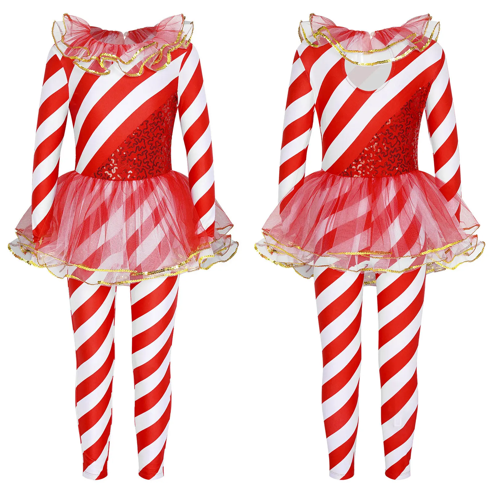 Kids Girls Christmas Candy Cane Striped Jumpsuit Tutu Dress Sequined Mesh Skirted Santa Claus Bodysuit Ballet Gymnastics Leotard