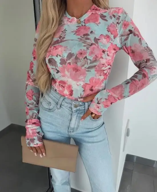 Women Blouse 2026 New Watercolor Floral Print O-Neck Long Sleeve Mesh Tee Slim Fit Semi Sheer Layering Top with Thumb Hole Cuffs