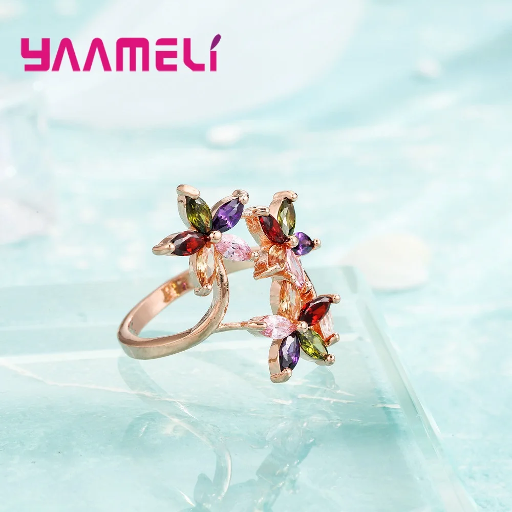 New Arrival 3 Colorful Cubic Zirconia Stone Flowers Finger Rings For Women Ladies Rose   Gold Color Jewelry Crystal Gift