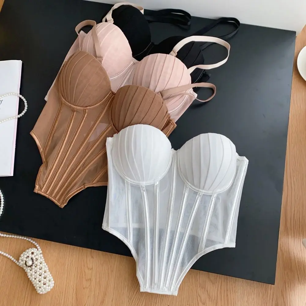 

Elastic Transparent Sling Camisole Slim fit Sleeveless Crop Tops Streetwear Fishbone Mesh Corset Ladies