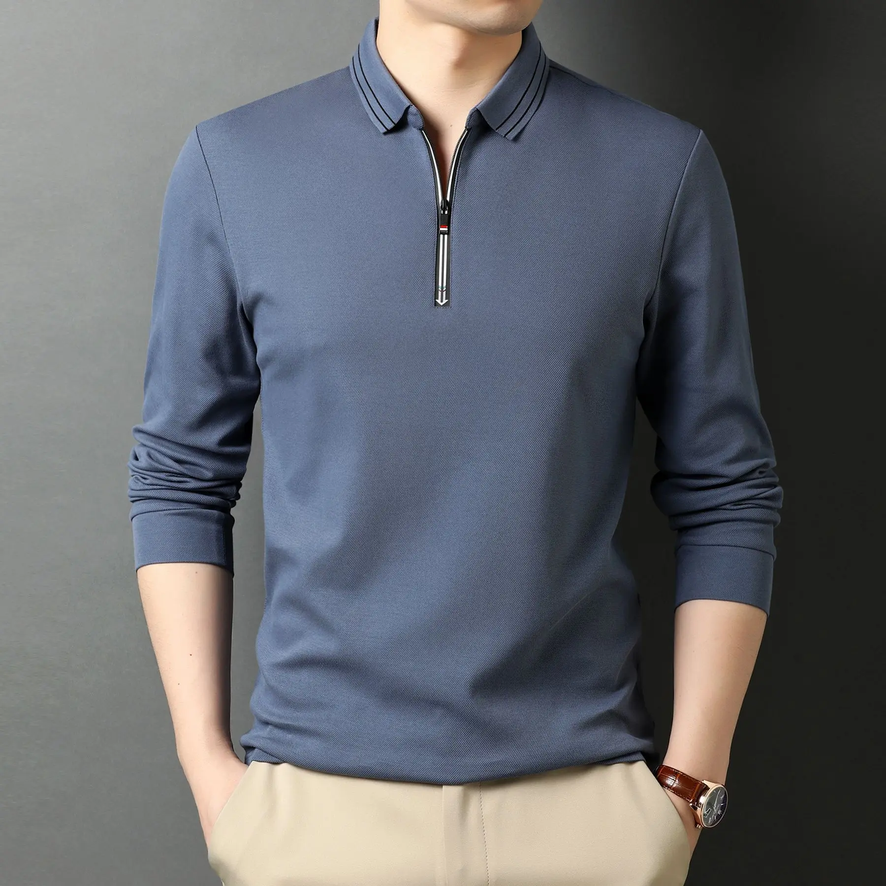 

100% Cotton Zipper Collar Polo Shirt Men Long Sleeve Solid Color Business Polos Brand Hight Quality Poloshirt Blue Black GREEN