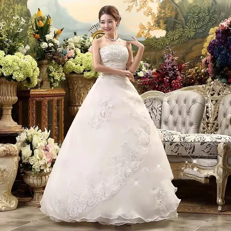 Cheap Simple Wedding Dress White Strapless Embroidery Lace up Princess Floor-length Bling Bride Ball Gowns Plus size XN011