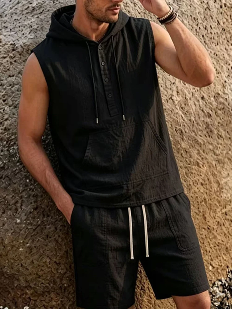 Trendy Linen Two Piece Sets Mens Daily Leisure Tie-up Hoddie Outfits Summer Seasides Loose Fit Sleeveless Tops And Shorts Suits