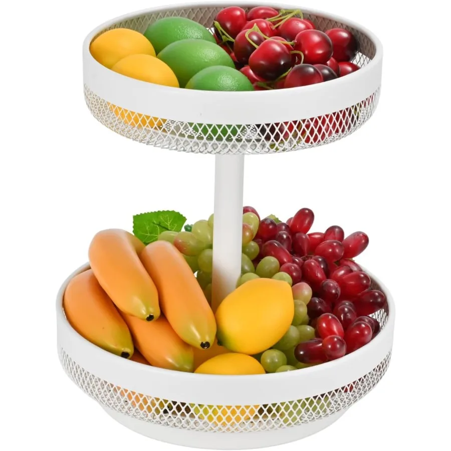 IBERG Cesta de Frutas de 2 Niveles, Frutero de Malla, Soporte para Frutas, Verduras, Pan, Snacks, Blanco