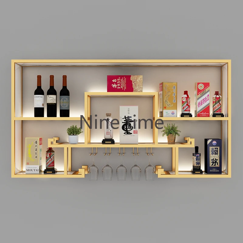 

High End Wine Decoration Full Kitchen Cabinet Iron Shelves Antique Whiskey Rack Bar Luxury Wall Elegant Vintage Stands Furniture