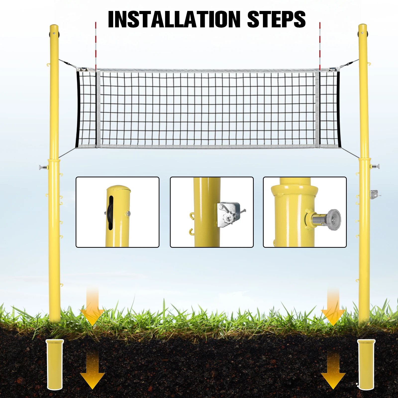 

Стойки для сетки для пиклбола, втыкаемые в землю, регулируемые по высоте (6 уровней, от 1,5 м до 2,4 м), для взрослых, стадионов и садов