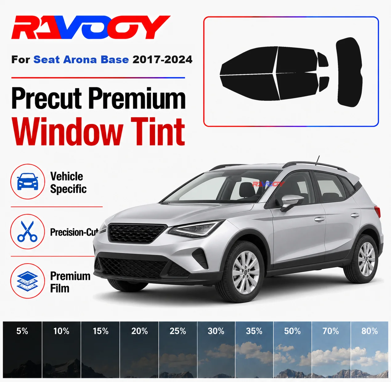 Premium Precut Window Tint Kit Front Rear Windows Rear Windshield For Seat Arona Base 2017-2024 Complete Set Nano Ceramic Film