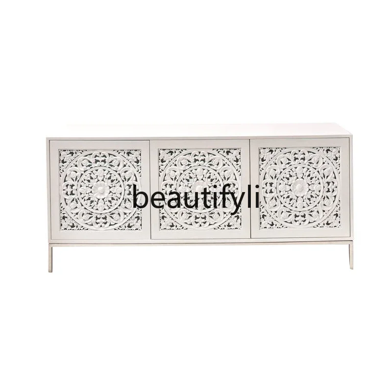

ls 42American antique white solid wood hollow carved TV cabinet high European classical living room entrance cabinet locker