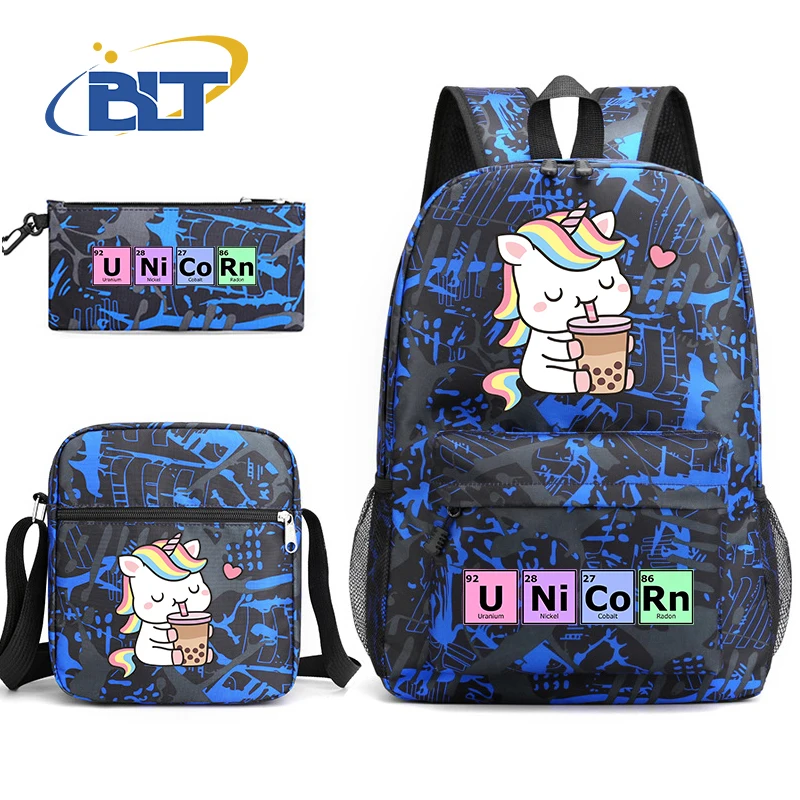 Cute Unicorn Print Backpack Set, Student School Bag, Shoulder Bag, Pencil Case, Kids Gift, Casual, 3 pcs