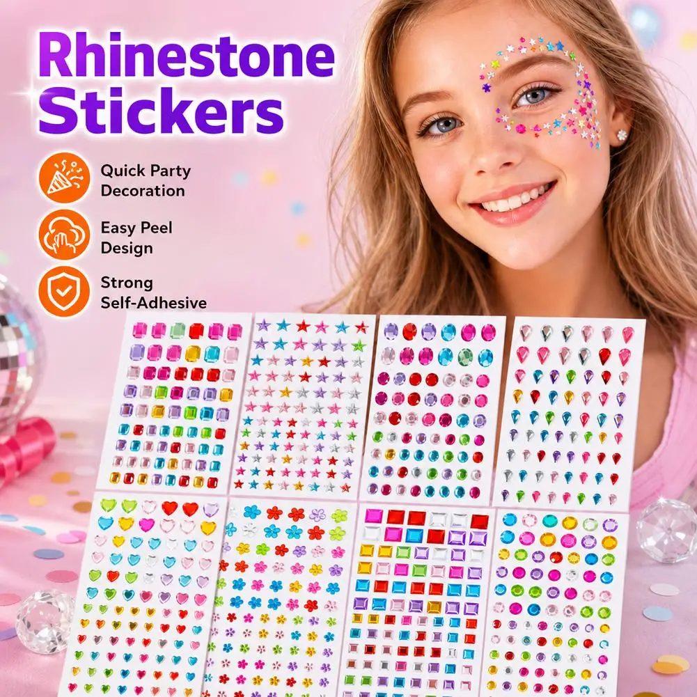 1cm Self Adhesive Rhinestone Face Stickers 3D Acrylic Gem Stickers Hold Body Jewels Crystal Decals for Girls Birthday Party