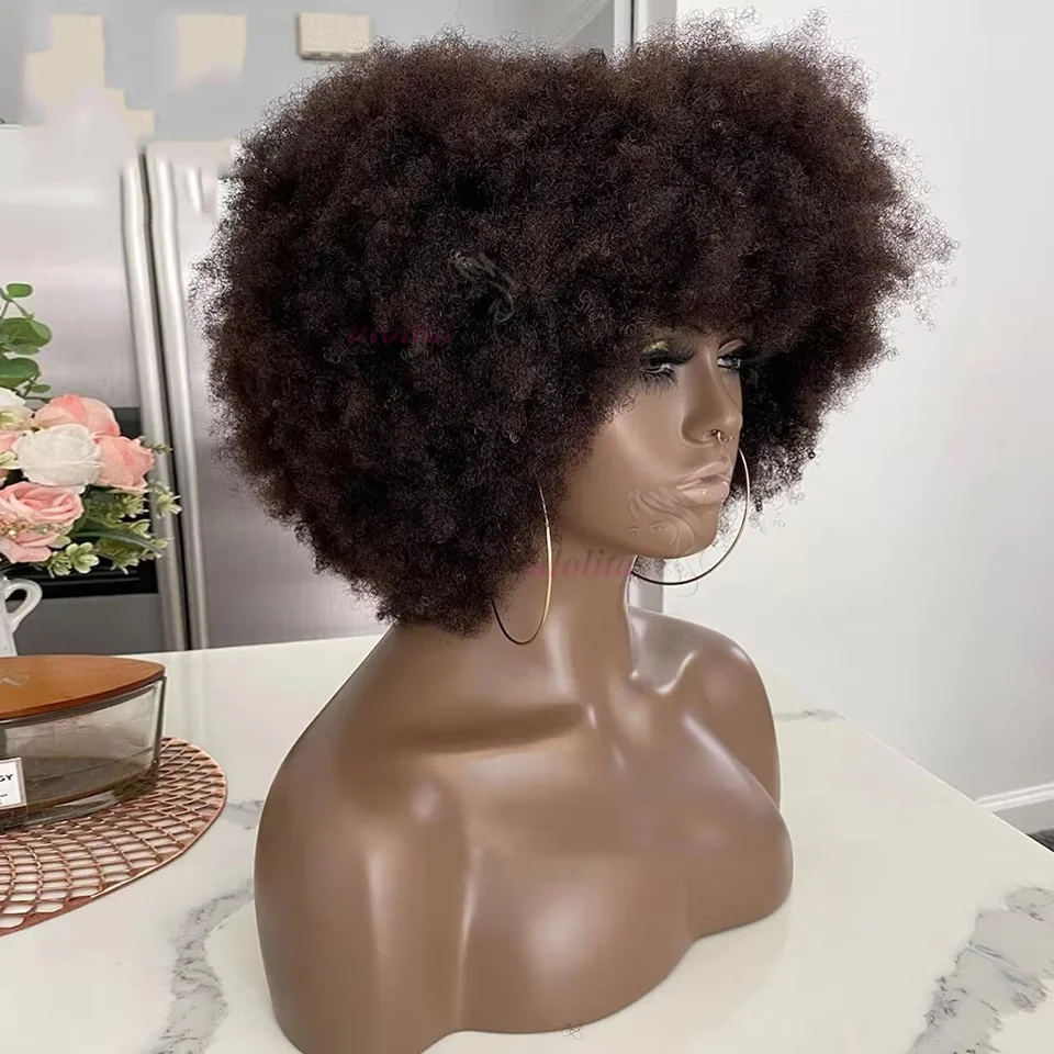 Afro Kinky Curly Kurze Echthaar-Perücken mit Dickem Pony, Flauschige Natürliche Bob-Perücke, Kleberlose Brasilianische Vollmaschinenperücken im Angebot – Detail 10