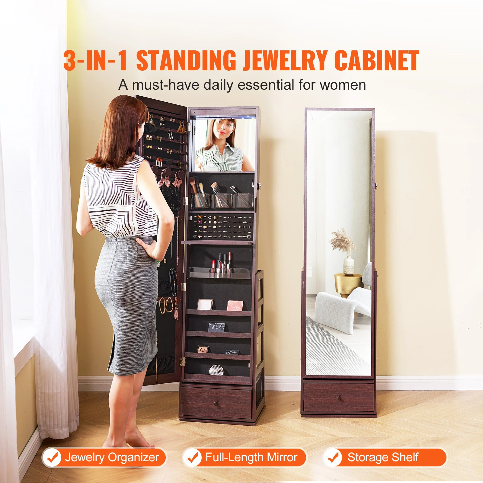 SucceBuy Mirror Jewelry Cabinet 360°Swivel Standing with Storage Lockable with Full Length Mirror Velvet Lining LED Light Drawer