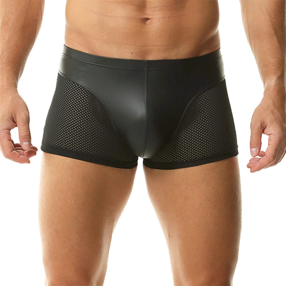 

Сексуальное мужское нижнее белье, боксеры из сетки и искусственной кожи, трусы-боксеры с выпуклым мешочком для мужчин, трусы для ночного клуба, мягкие шорты с низкой талией