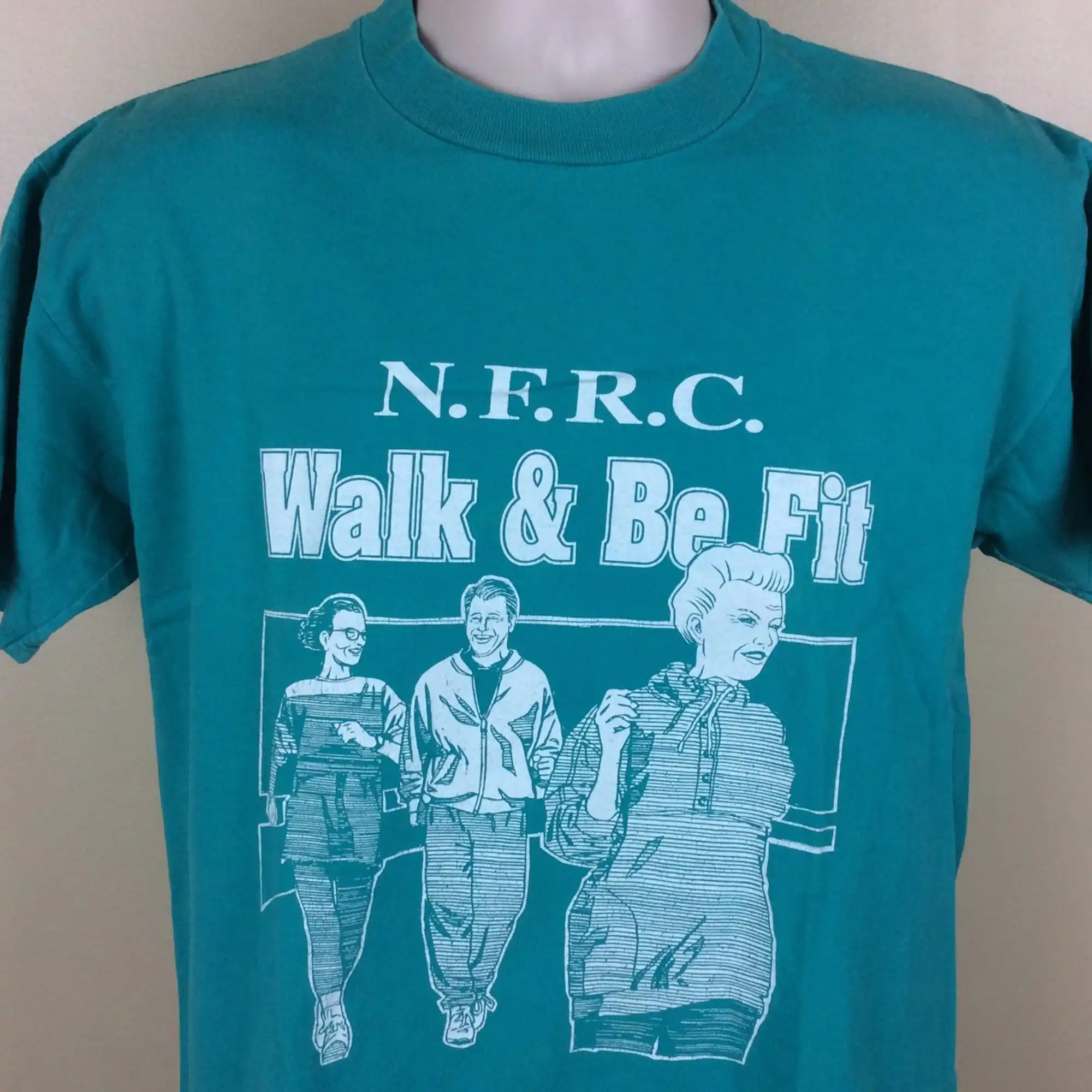 Vtg 90s N.F.R.C. Walk & Be Fit TShirt Teal M Funny Jerzees Made In USA