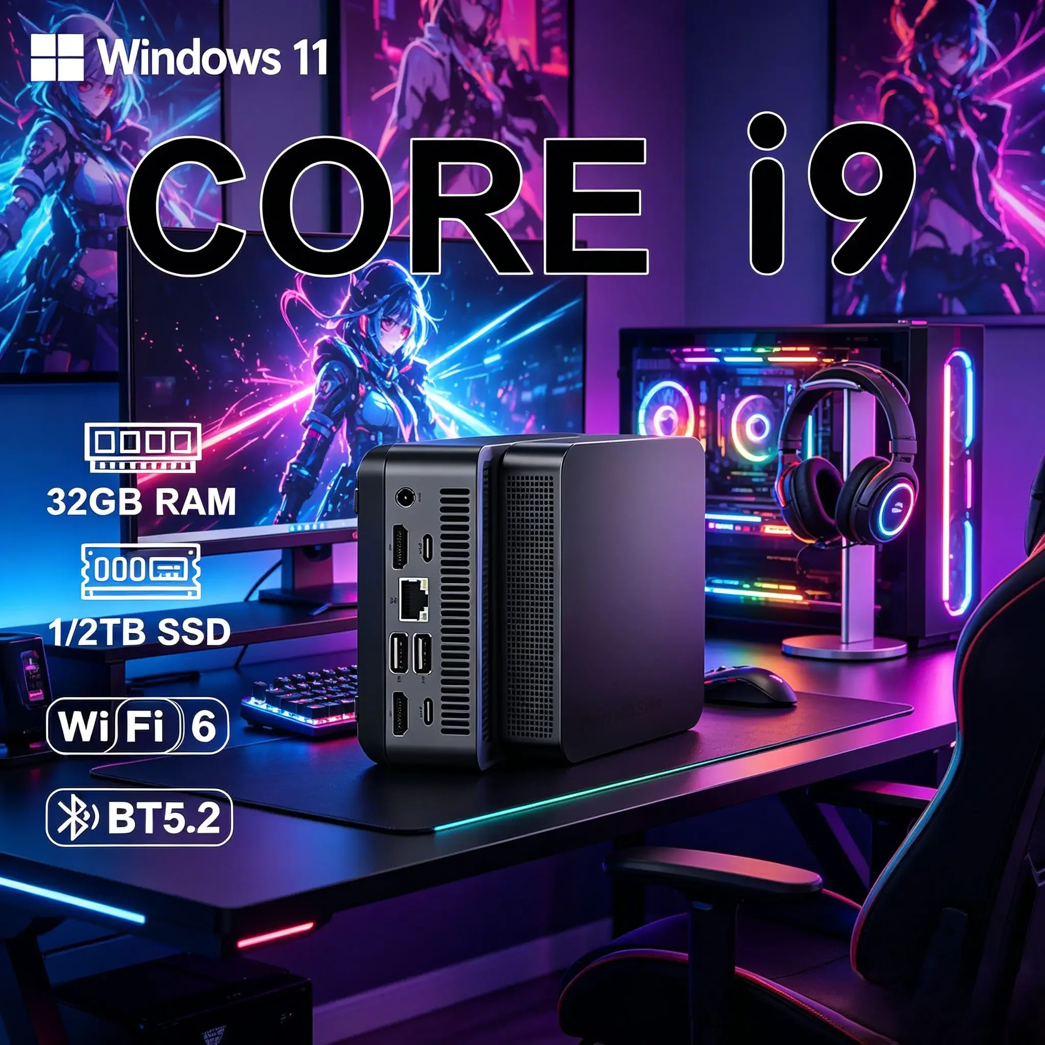 Novo Mini PC Poderoso e Slim 2026 com Windows 11 Pro, I9-8950HK, 32GB de RAM, 1TB/2TB SSD, WiFi6, BT5.2, 4K