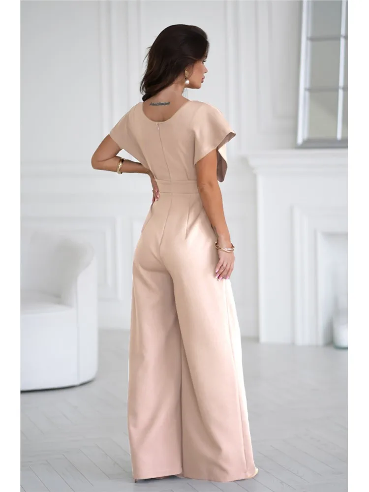 جديد عارضة أزياء المرأة حللا الصيف بلون قصيرة الأكمام السراويل الخامس الرقبة الخصر التخسيس بذلة الملابس النسائية