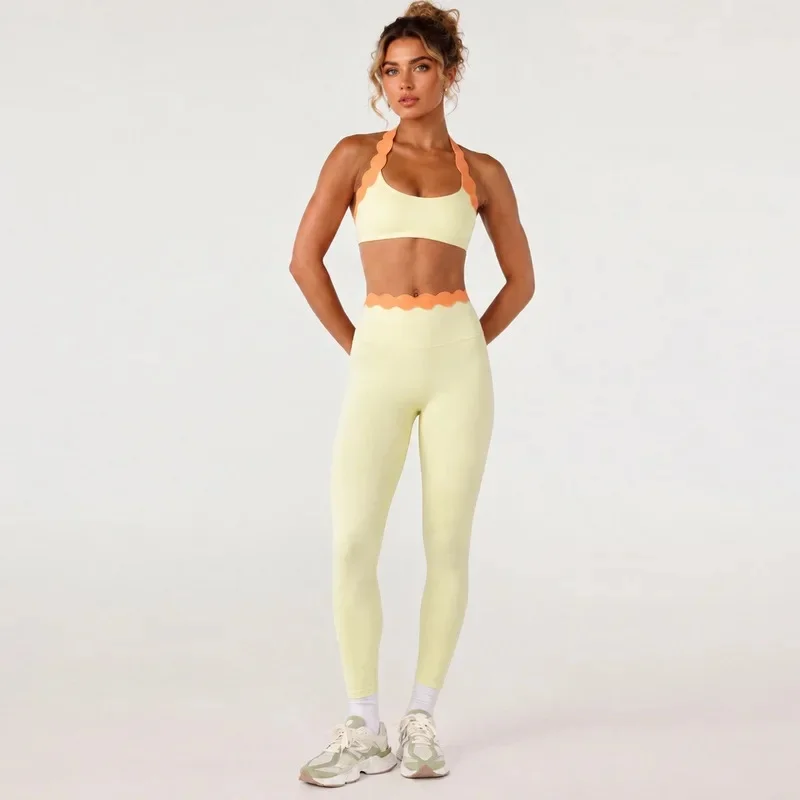 Shell Lace Halter Neck Bra Yoga Set For Women Sports Backless Pilates Outfit Slim Fit Solid Color Summer Pants Workout Set