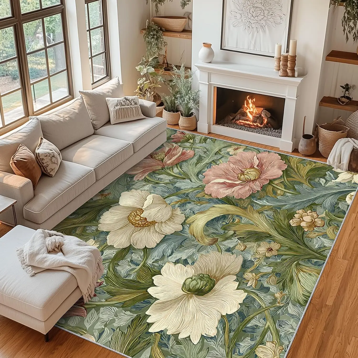 10x12 Extra Large White Pink William Morris Floral Area Rug Washable Non Slip Low Pile Carpet for Living Room Bedroom Home Decor