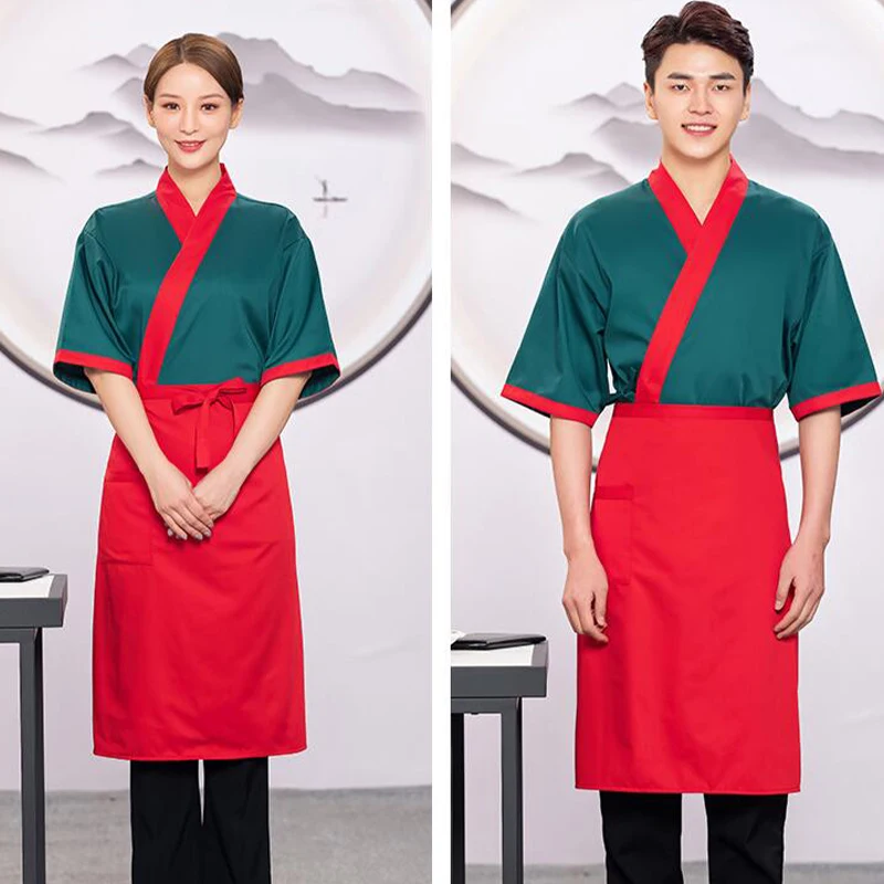 Unisex Japanese Style Chef Coat With Apron Sushi Restaurant Kimono Cook Uniform Shirts Waitress Waiter Work Wear Tops Overalls