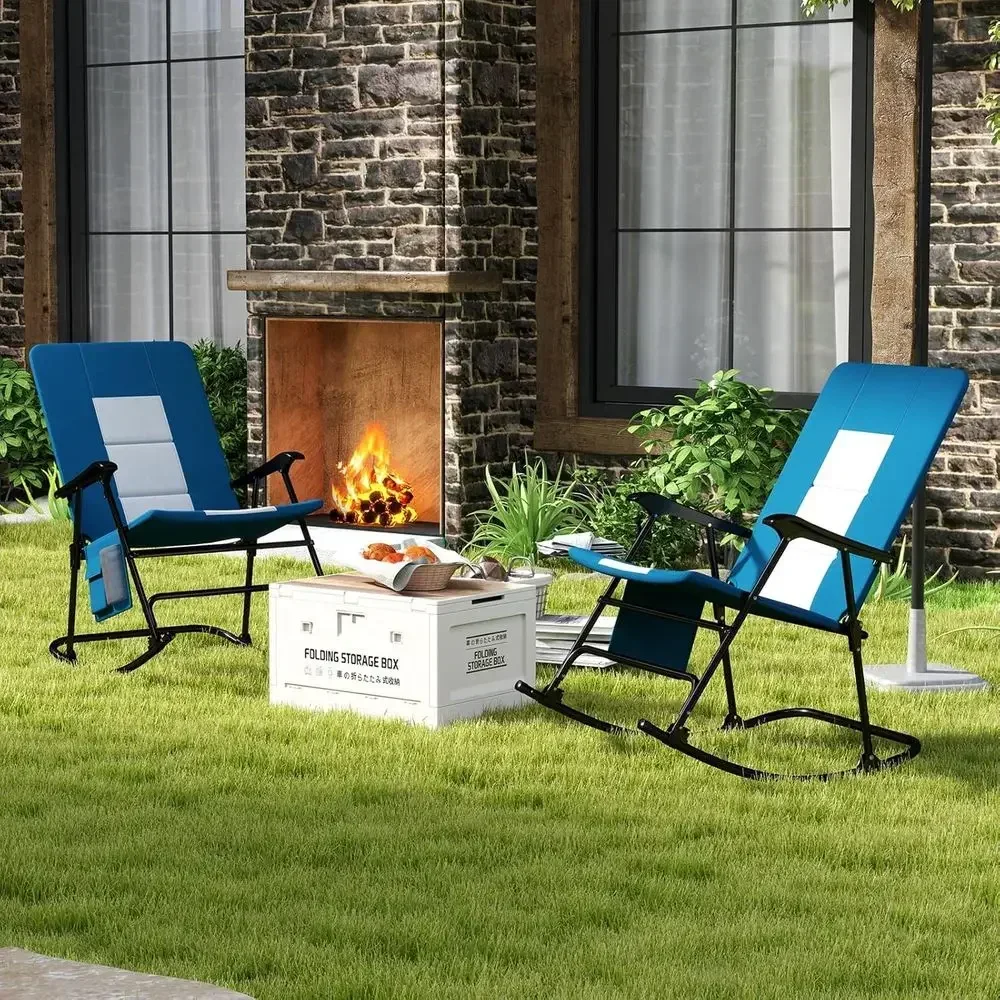 Extra Large Padded Outdoor Rocking Chair with Metal Frame, Portable for Patio, Camping, and Travel, Supports 500 lbs, Blue