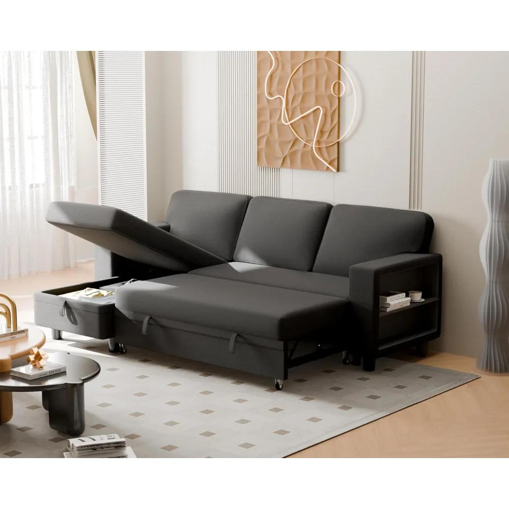 

Sleeper Sofa Bed, L Shaped Sectional Convertible Couch with Storage Chaise, USB Charging Ports & 2 Built-in Bookshelves