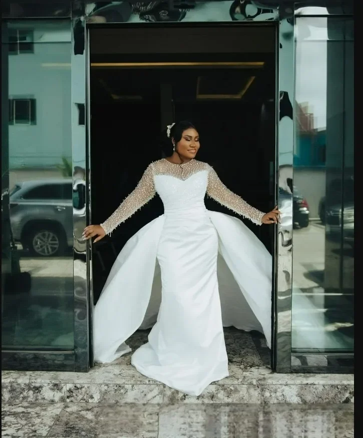 Customized Sheer Neck Shinny  Beads Wedding Dress with Removable Skirt   Vestidos De Novia  Long Sleeves Satin  Bridal Gowns