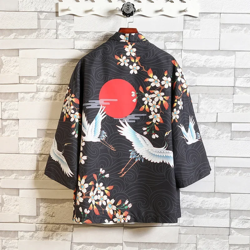 Традиционное японское кимоно с принтом журавля, кардиган, кимоно для пар, мужские юката, женские пляжные свободные рубашки в стиле Харадзюку, пальто размера плюс 5XL