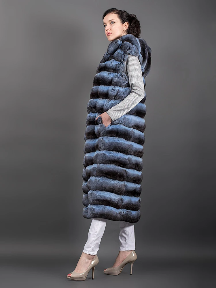Rex – manteau à capuche en vraie fourrure de lapin pour femme, haut de luxe, décontracté, sans manches, automne-hiver