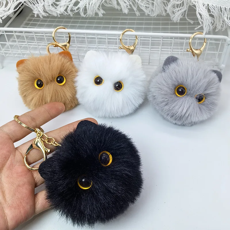 Faux Fur Plush Cat Keychain Black Soft Kitten Fur Ball Keyring Portable Bag Charm Car Pendant Holiday Couple Gift