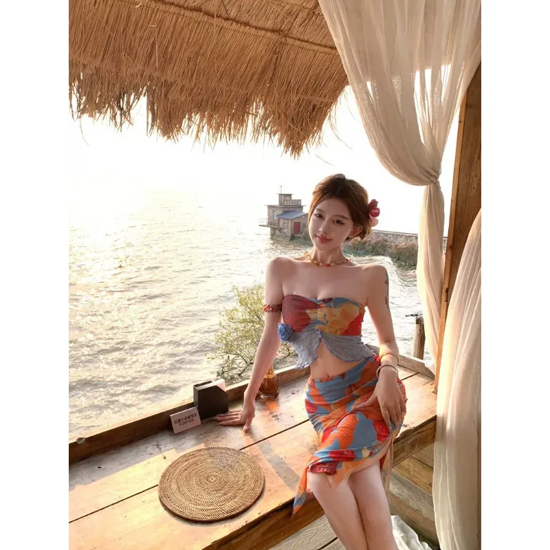 Women's Tropical Art Bikini Set, Push-Up Slimming Two-Piece Swim Dress with Cover-Up, Sexy Chic Hot Spring Resort Beachwear