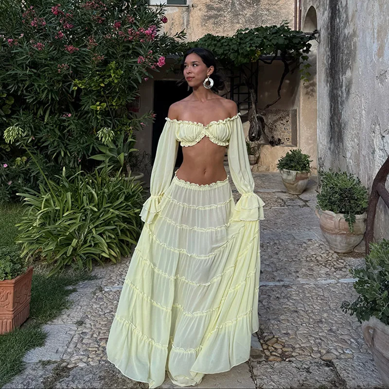 Elegant Yellow Off Shoulder 2 Piece Set Women Ruffled Sheer Chiffon Crop Top High Waist Maxi Skirt Summer Beach Vacation Outfit view 5