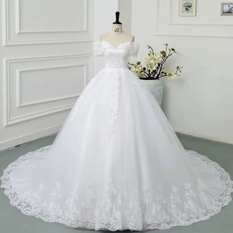 Es Yiiya vestido de novia blanco con apliques de perlas, hombros descubiertos, encaje, Princesa, largo hasta el suelo, talla grande, FH017