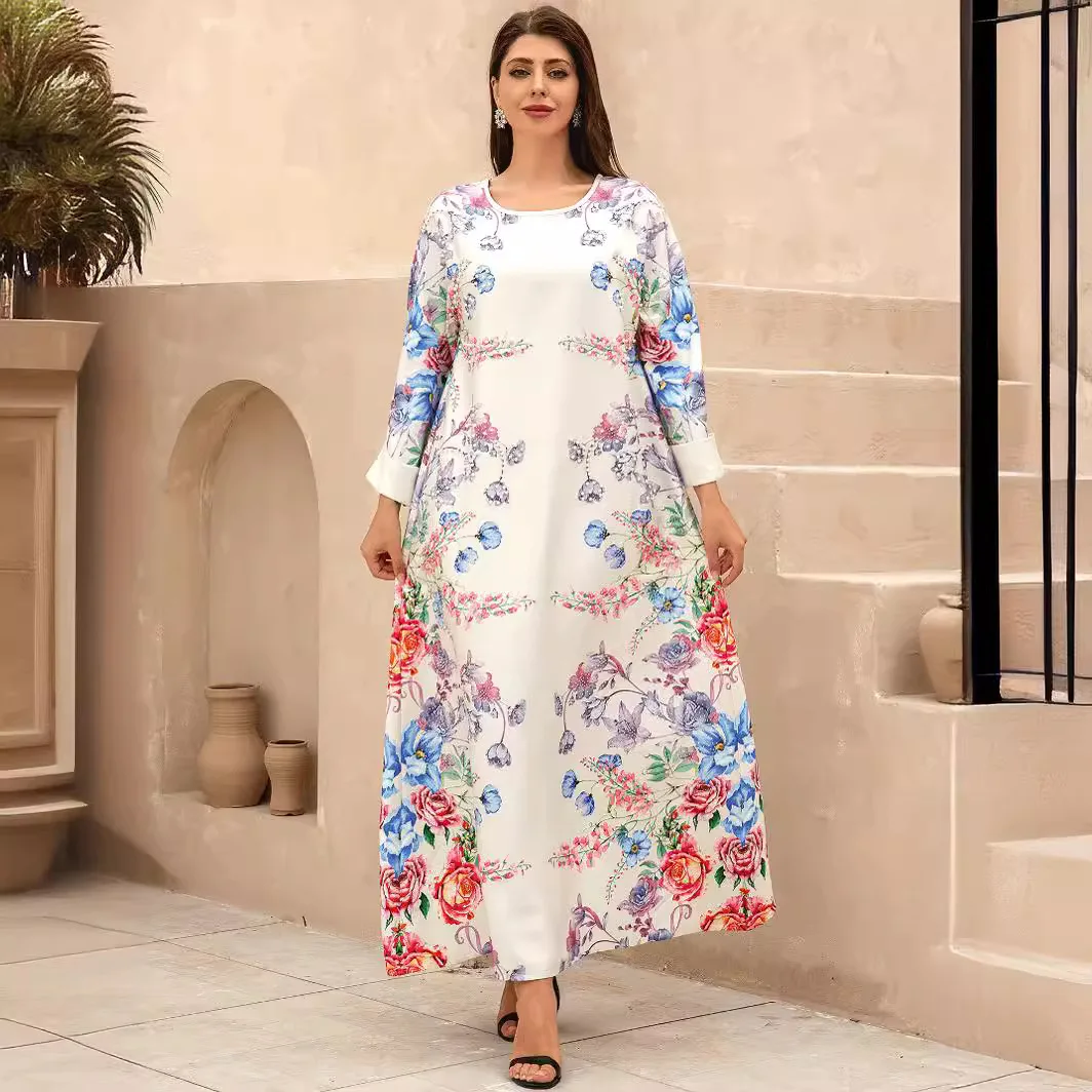 

Women's 2024 Summer Muslim Robe Sky Blue Long Sleeve Pattern Printed Hot Diamond Beads Casual Fashion Temperament Elegant Dress