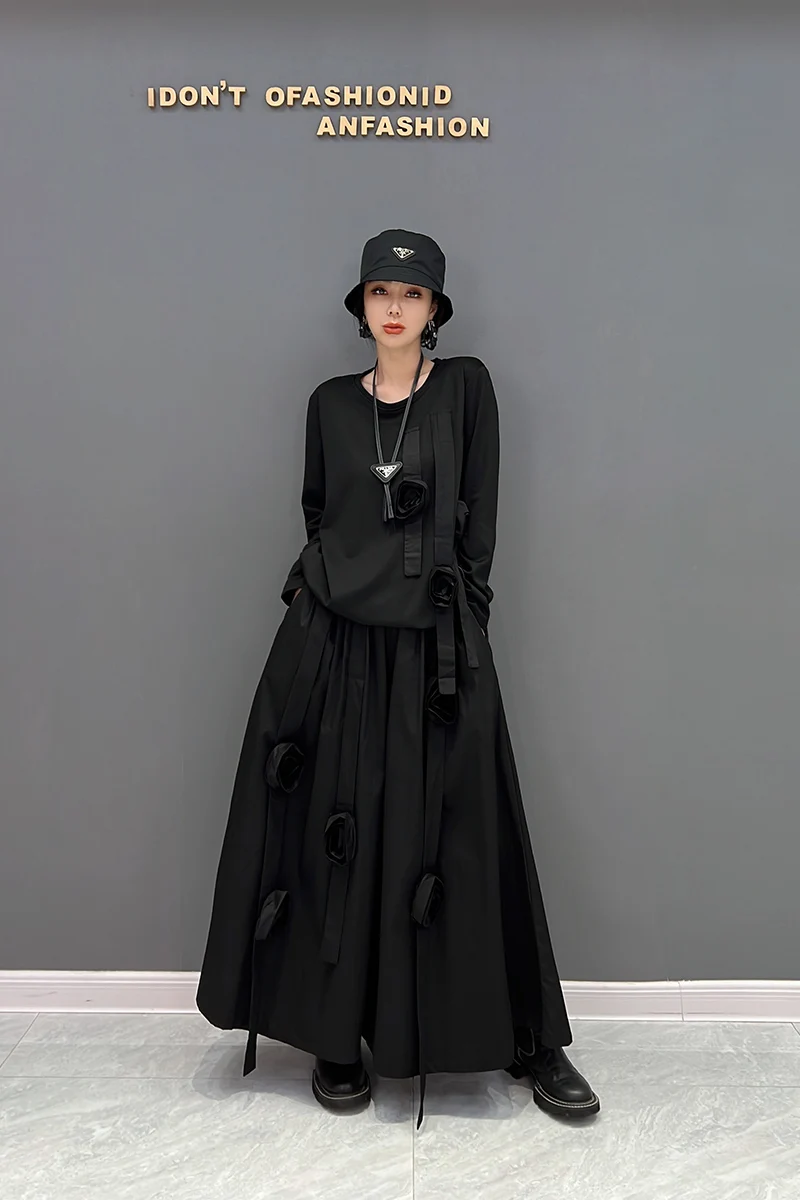 

2024 Autumn New Korean Style Fashion Black Loose Top Casual Pants Two Piece Set for Women J585