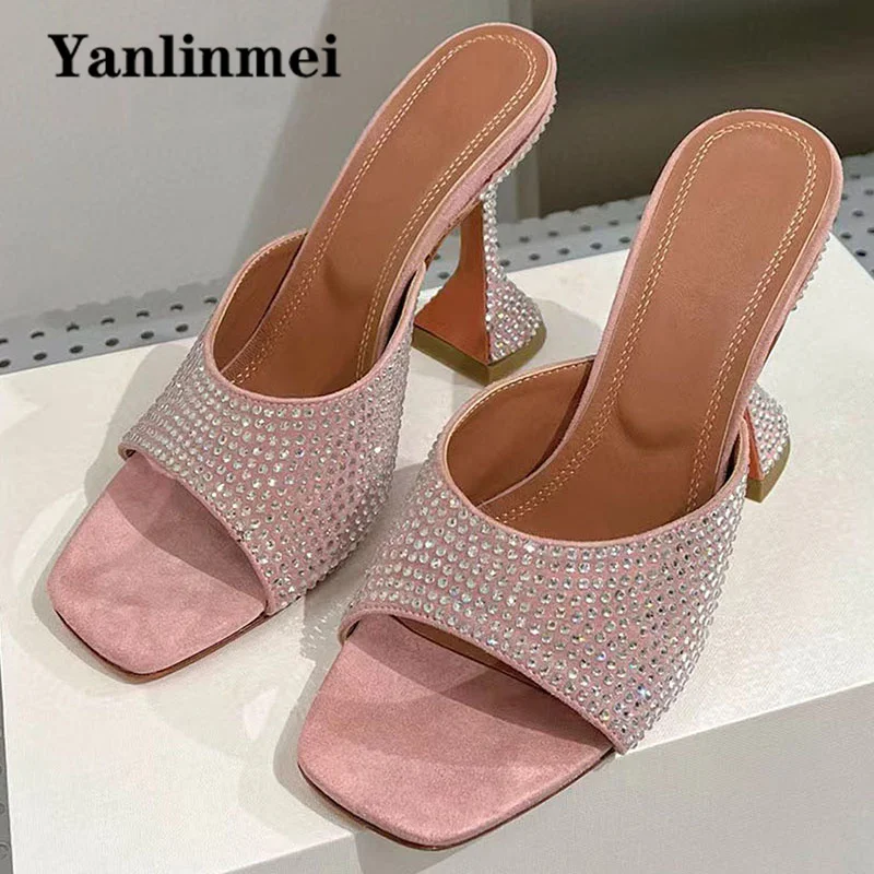 

Sexy Cup Heels Slippers Woman Luxury Rhinestone Party Dress Shoes Women Satin Summer Slides High Heels Runway Sandals For Women