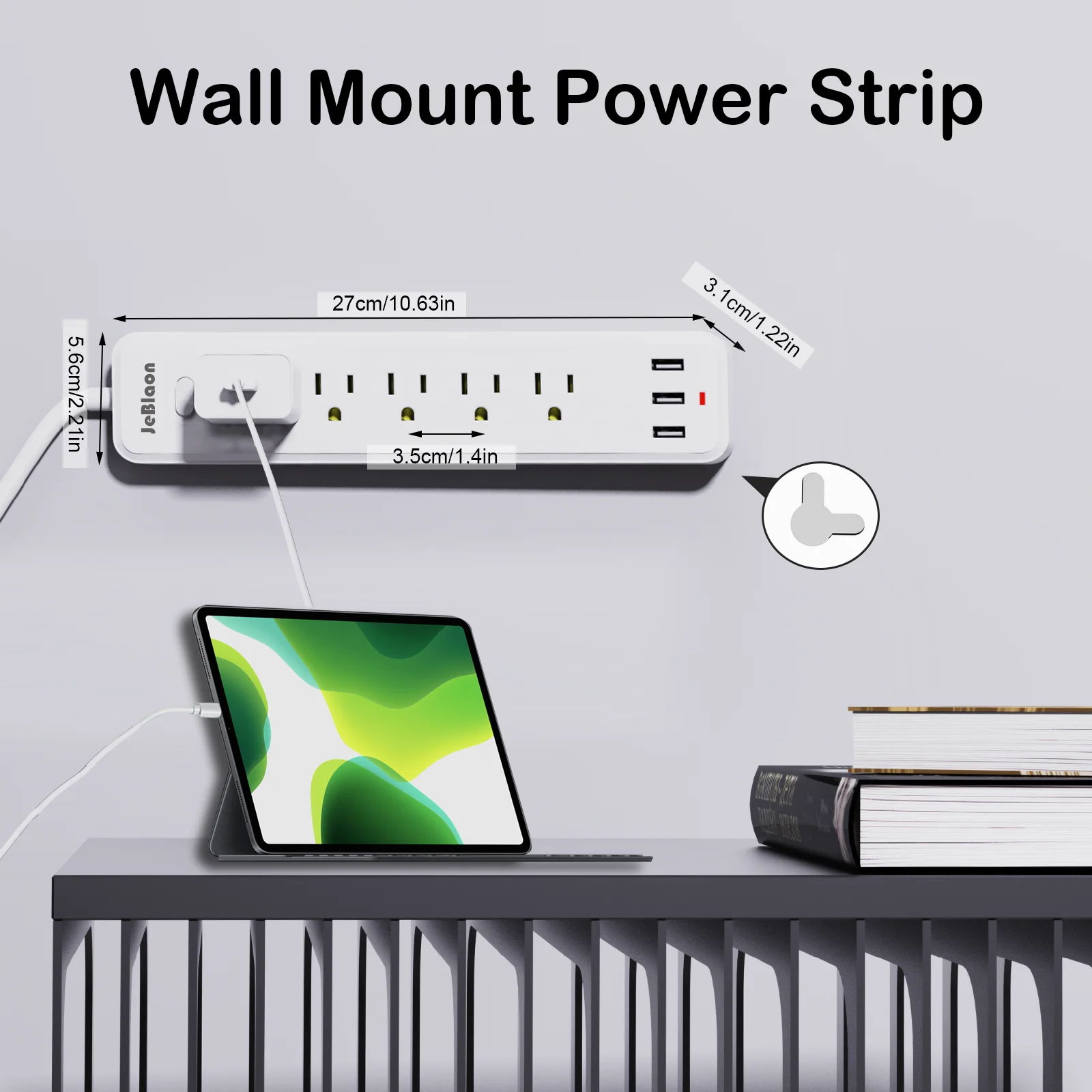 Plug Power Strip 6FT Extension Cable, 5AC Outlets Electrical 3 USB Fast Charging, Wall Mount Smart Home Overload Protection /US