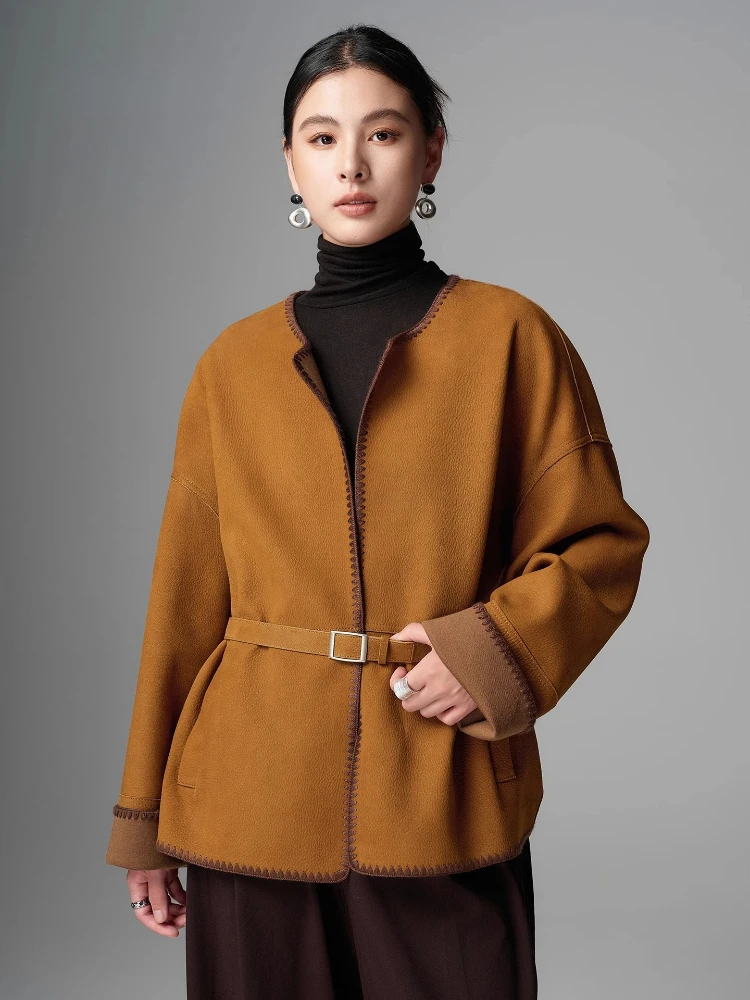 

Classic O-neck Genuine Leather Jackets for Women Autumn Winter High-end Simple Deer Texture Real Goatskin Leather Coat with Belt